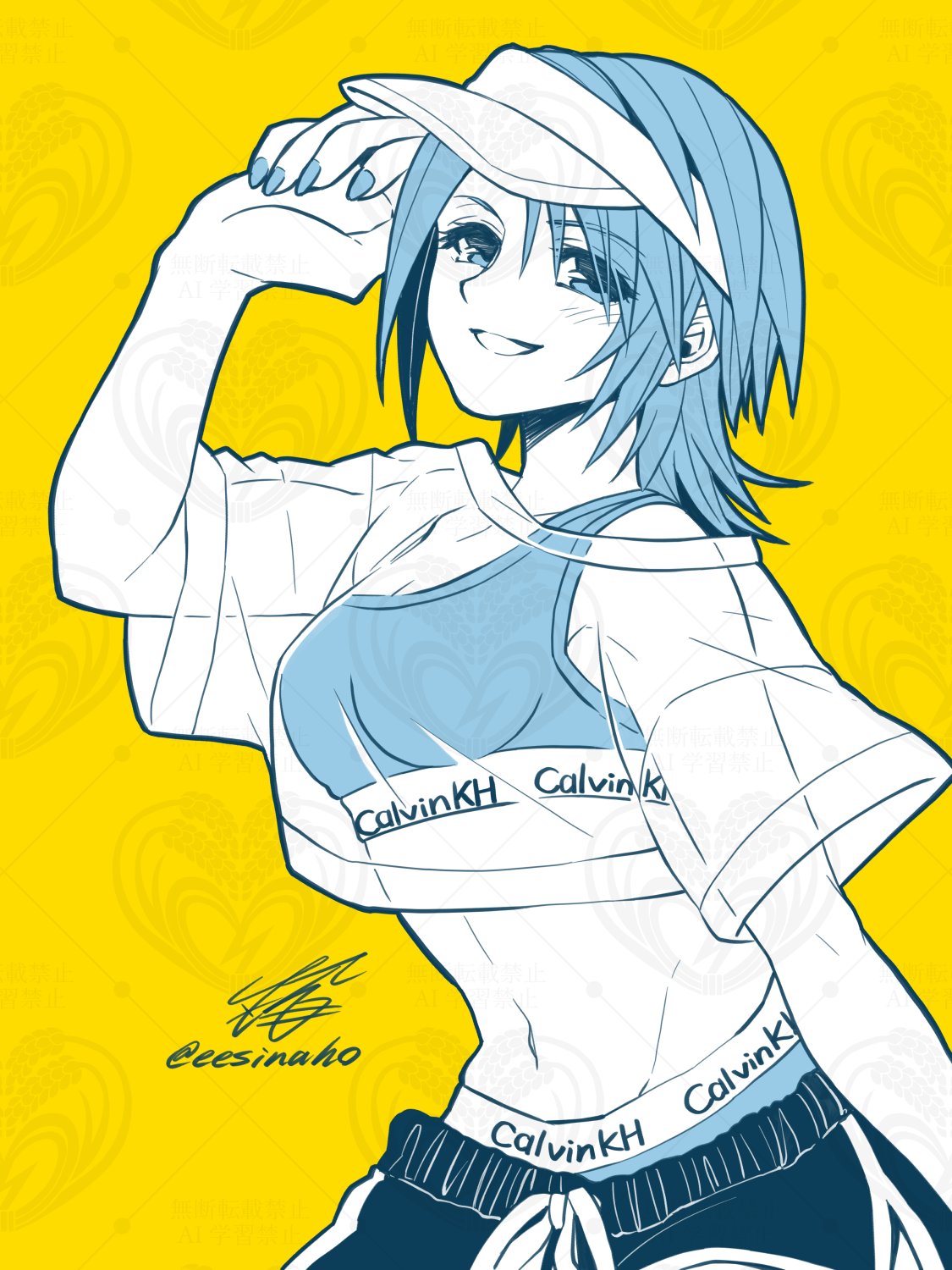 inaho (sesyrne), aqua (kingdom hearts), calvin klein, kingdom hearts, kingdom hearts birth by sleep, commentary request, highres, 1girl, alternate costume, fingernails, looking at viewer, midriff, navel, open mouth, short hair, shorts, signature, simple background, smile, solo, stomach, twitter username, yellow background