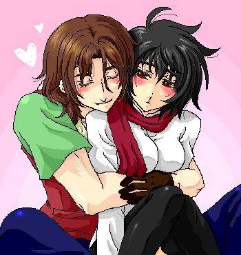 lockon stratos, setsuna f. seiei, gundam, gundam 00, lowres, 00s, 1boy, 1girl, black thighhighs, genderswap, genderswap (mtf), hetero, hug, hug from behind, oekaki, scarf, thighhighs