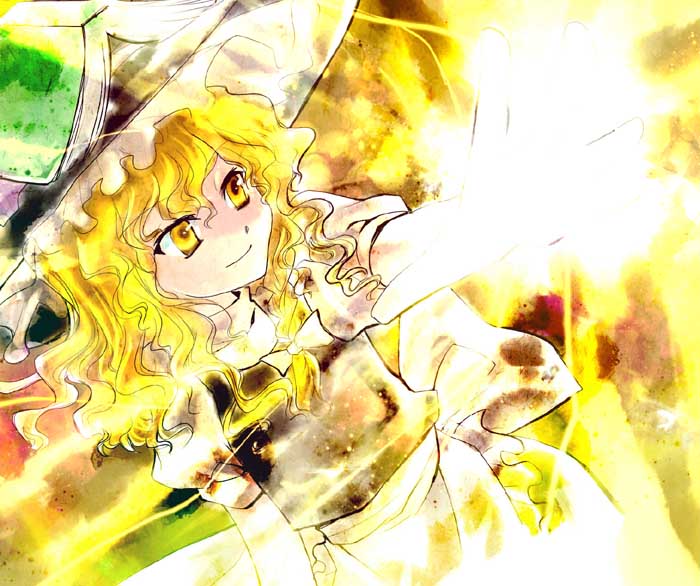 kinkirara, queen qko, kirisame marisa, touhou, 1girl, apron, blonde hair, female focus, frills, hat, long hair, solo, witch hat, yellow eyes, yellow theme