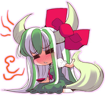 usoneko, ex-keine, kamishirasawa keine, touhou, lowres, 1girl, blush, chibi, female focus, horn ornament, horn ribbon, horns, ribbon, sitting, solo, tail, white background