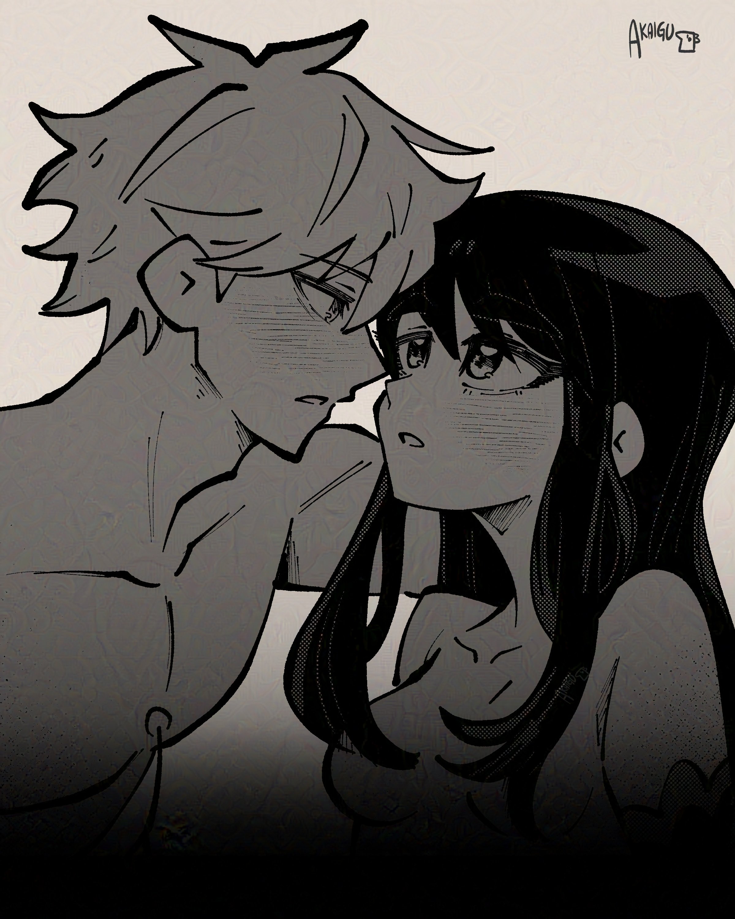 akaiguarts, denji (chainsaw man), mitaka asa, chainsaw man, absurdres, highres, 1boy, 1girl, blush, breasts, eye contact, greyscale, hetero, implied nudity, long hair, looking at another, medium breasts, monochrome, pull string, short hair
