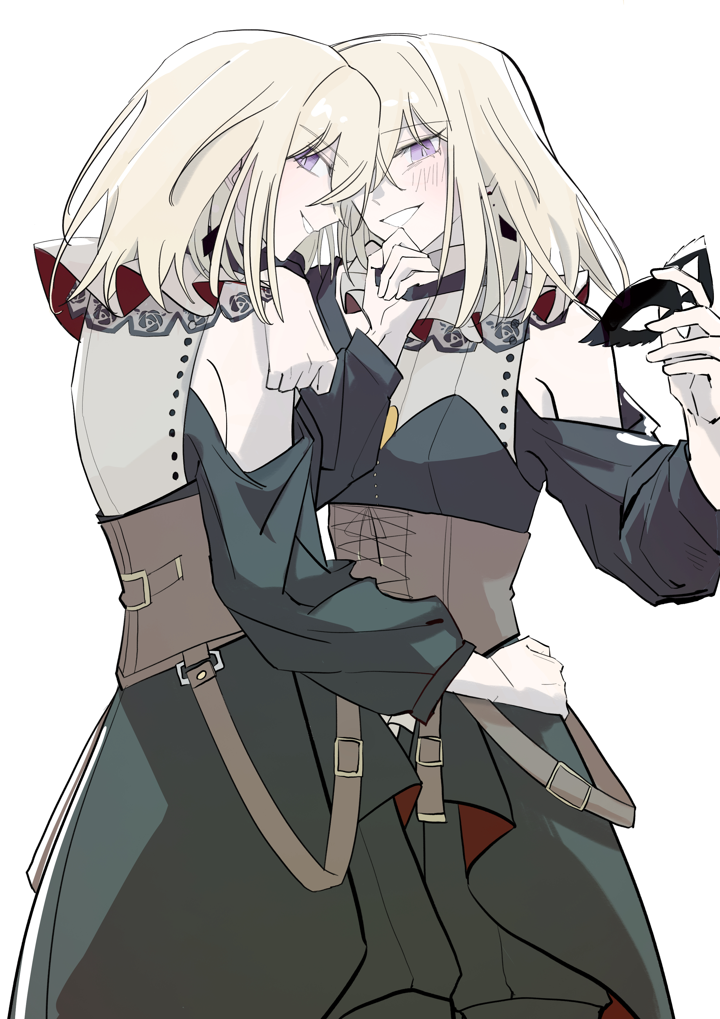 kira reader, doloris (bang dream!), misumi uika, bang dream!, bang dream! it's mygo!!!!!, absurdres, chinese commentary, commentary request, highres, spoilers, 2girls, black choker, black dress, black mask, blonde hair, blush, brown corset, choker, choker pull, corset, dress, dual persona, hair between eyes, hand on another's hip, holding, holding mask, long sleeves, looking at viewer, mask, masquerade mask, multiple girls, open mouth, purple eyes, selfcest, simple background, white background