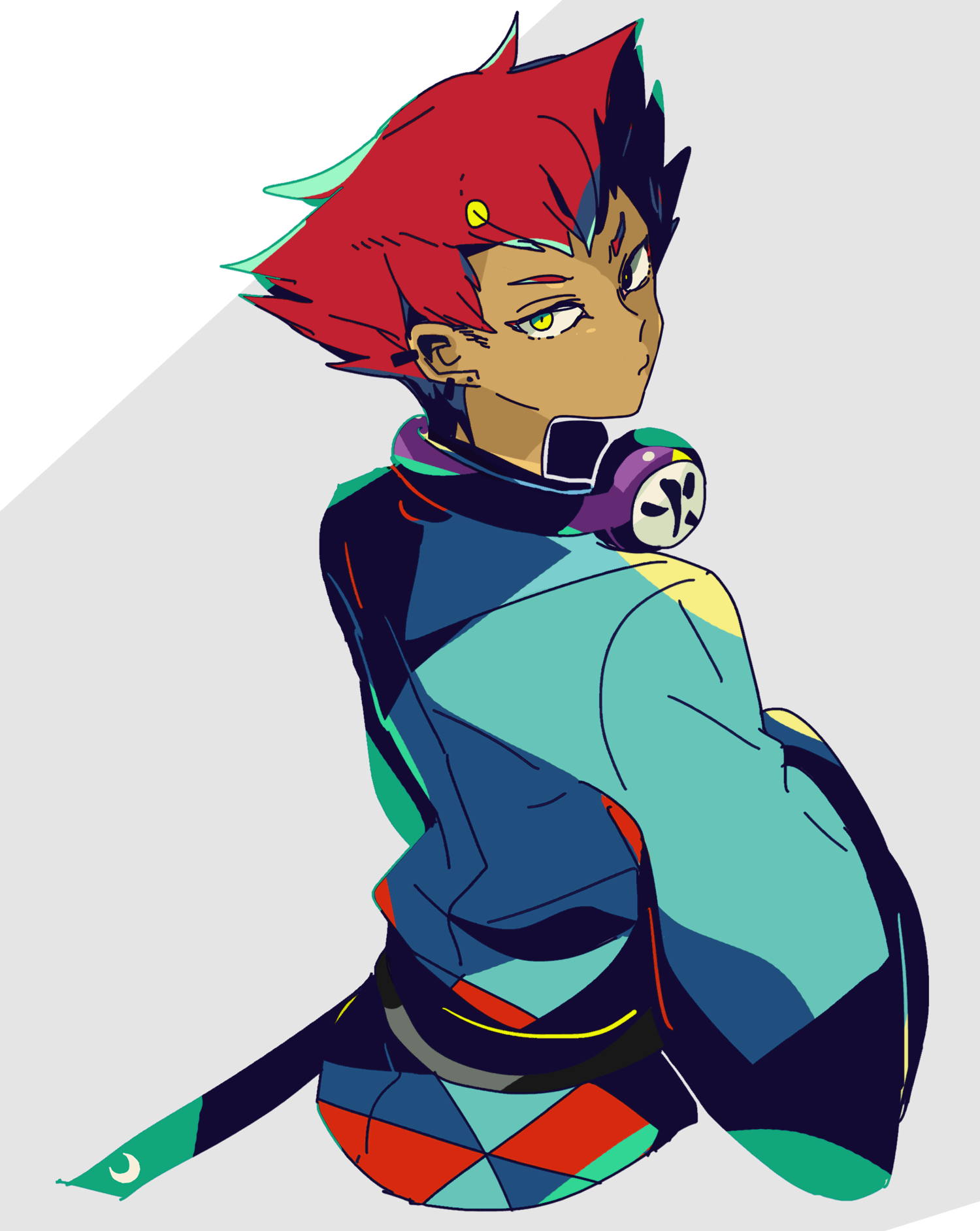 mizuki tsukimori, bemani, pop'n music, commentary request, highres, 1boy, blue kimono, closed mouth, dark-skinned male, dark skin, grey background, headphones, headphones around neck, japanese clothes, kimono, long sleeves, looking at viewer, male focus, red hair, roku (pop'n music), simple background, solo, wide sleeves, yellow eyes