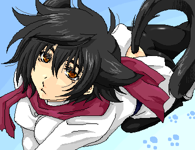setsuna f. seiei, gundam, gundam 00, lowres, 00s, 1girl, animal ears, female focus, genderswap, genderswap (mtf), oekaki, scarf, solo, tail, thighhighs