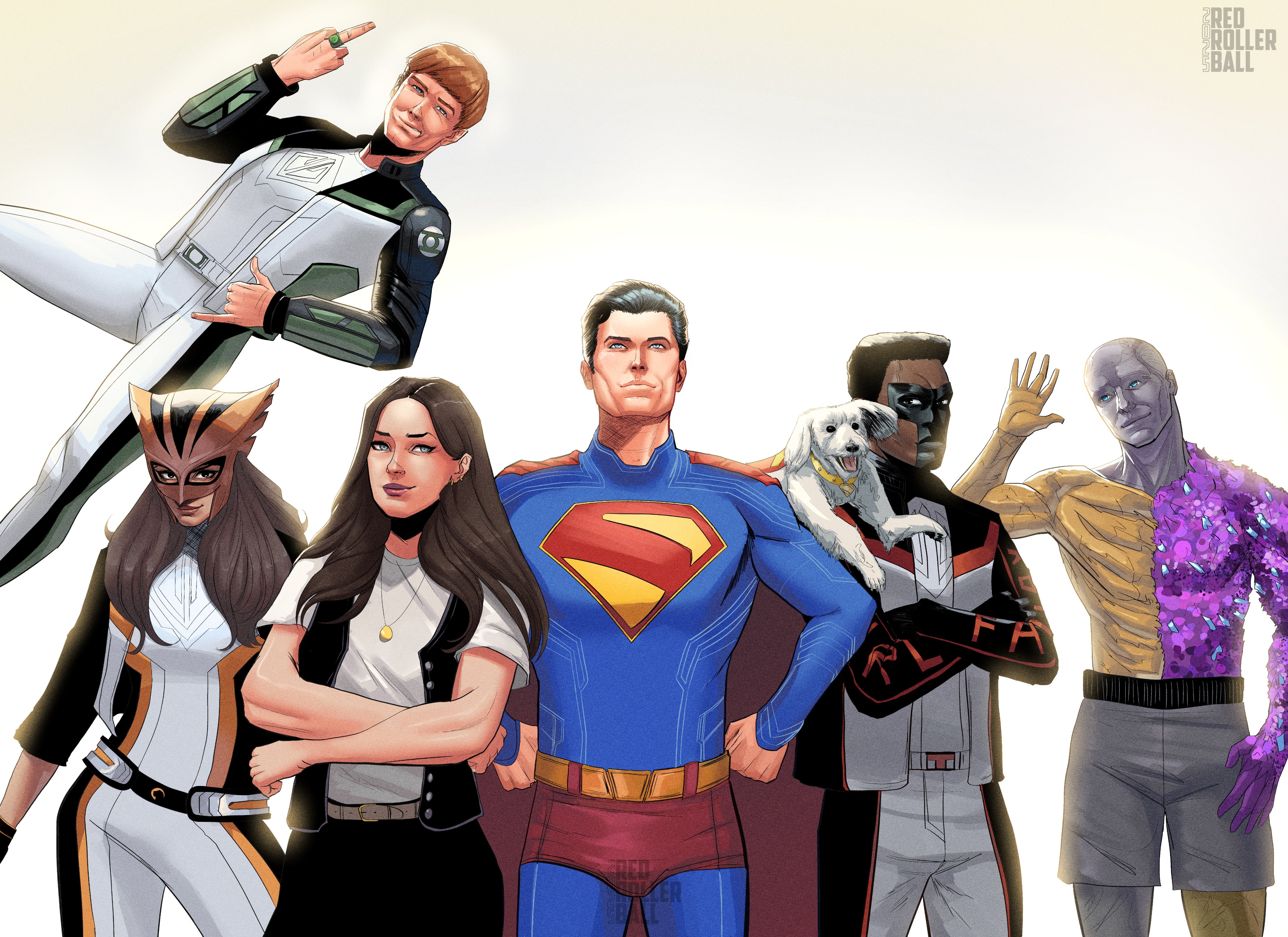 redrollerball12, green lantern, guy gardner, hawkgirl, krypto the superdog, superman, dc universe (franchise), superman (2025), absurdres, highres, 2girls, 4boys, artist name, belt, black hair, blue bodysuit, blue eyes, bodysuit, brown hair, cape, dark-skinned male, dark skin, dog, floating, gradient background, jacket, kendra saunders, long hair, looking at viewer, looking up, mask, midair, middle finger, mister terrific, multicolored bodysuit, multicolored jacket, multiple boys, multiple girls, power ring (green lantern), red cape, schnauzer, superhero costume, superman logo, waving, white dog