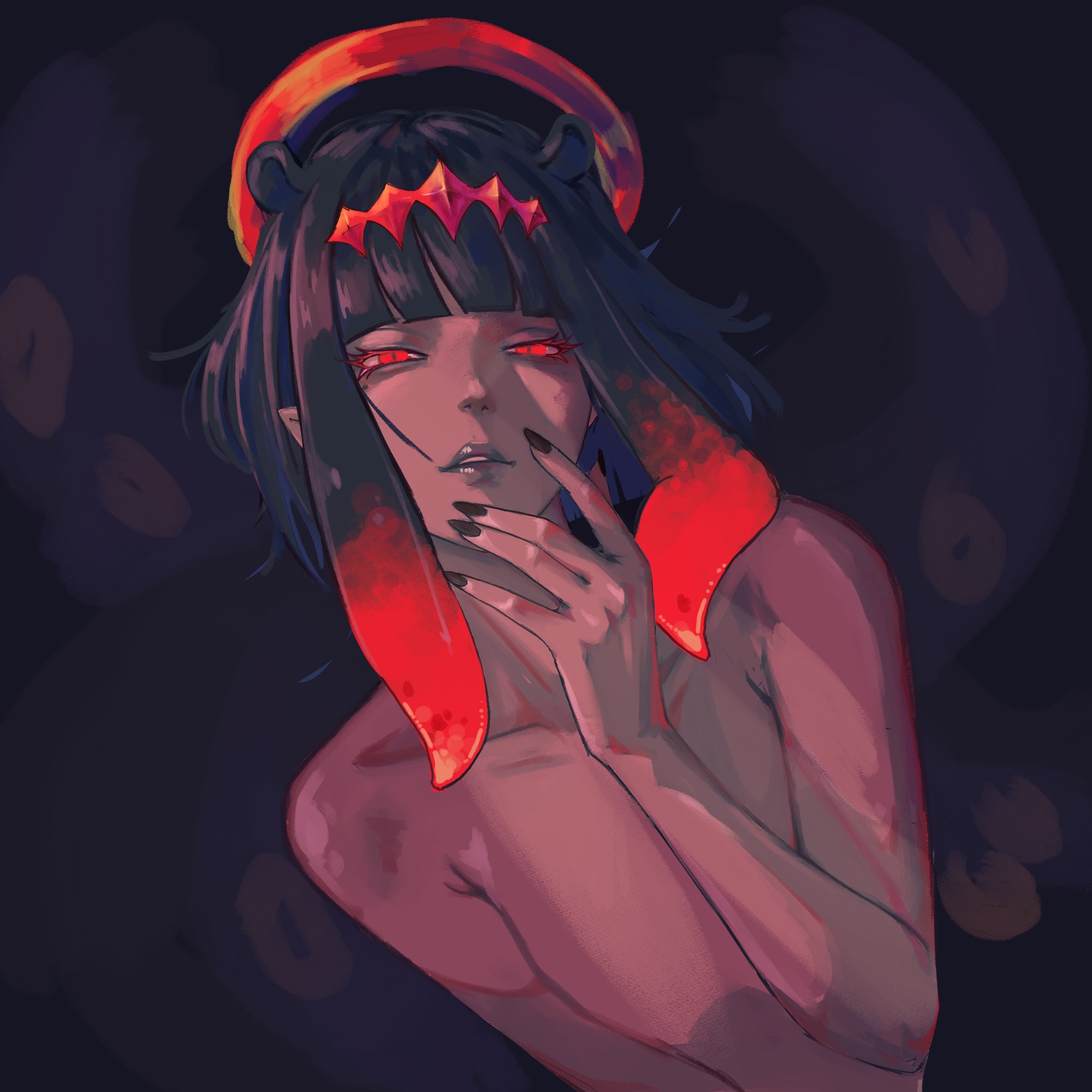 kranny el, ninomae ina'nis, hololive, hololive english, highres, 1girl, black hair, black nails, diamond hairband, gradient hair, hairband, halo, long hair, looking at viewer, multicolored hair, parted lips, red eyes, red hair, red hairband, red halo, solo, tentacle hair, virtual youtuber