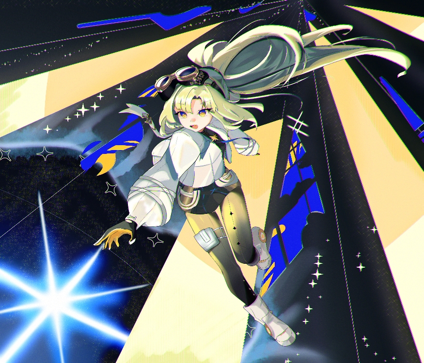 arcaea, 1girl, black gloves, black shirt, black skirt, black thighhighs, blonde hair, boots, breasts, curtained hair, full body, gloves, goggles, green hair, high ponytail, jacket, knee boots, leather, leather skirt, medium breasts, medium hair, nonoka (arcaea), ponytail, reaching, see-through clothes, shirt, skirt, solo, thigh strap, thighhighs, two-tone gloves, user ukxm2822, white boots, white jacket, white sleeves, yellow eyes, yellow gloves, yellow thighhighs