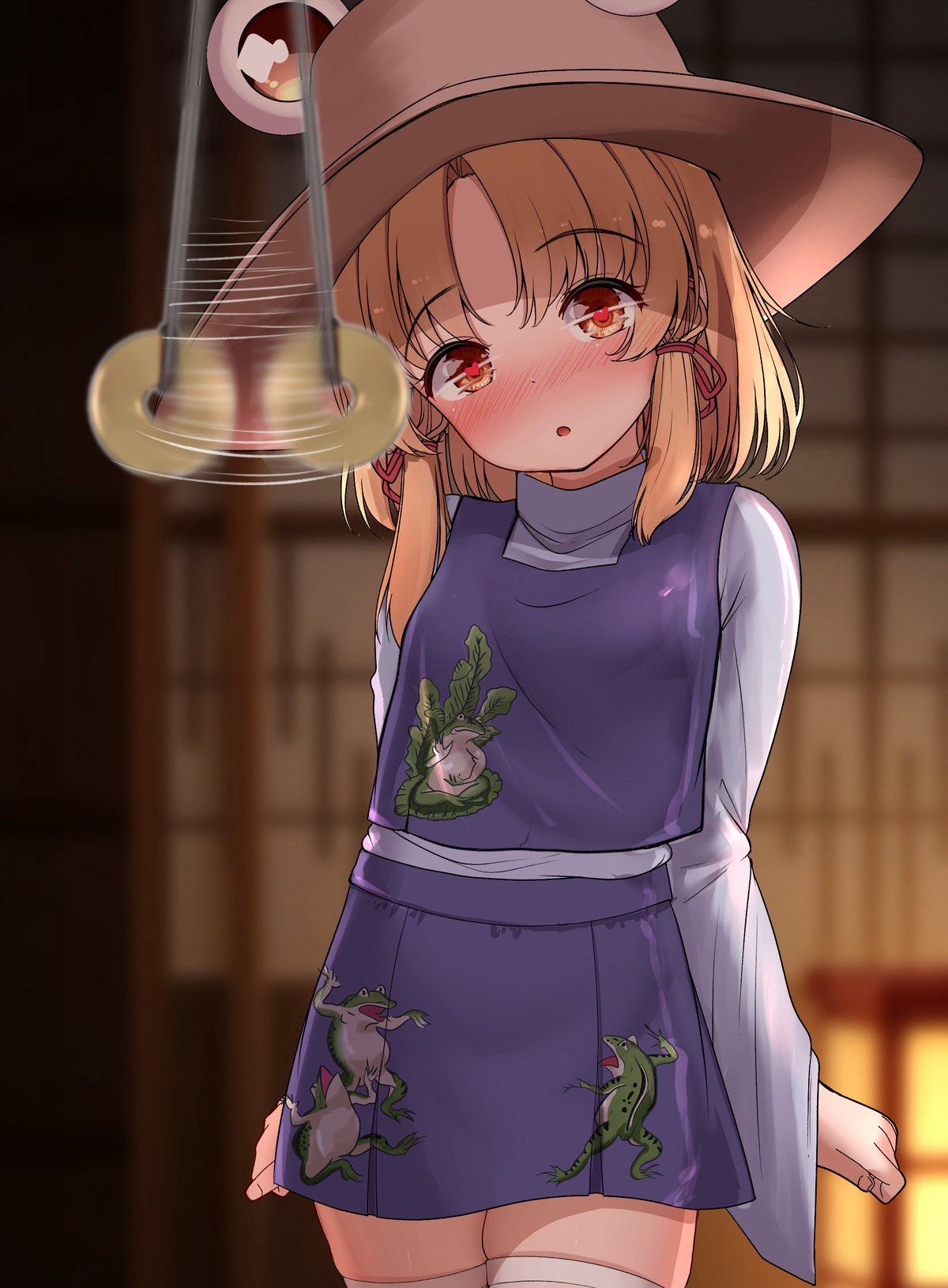 onkona minazuki, moriya suwako, touhou, commentary, highres, 1girl, animal print, blonde hair, blush, bow, frog, frog print, hair bow, hat, hat ornament, heart, heart-shaped pupils, hypnosis, lantern, mind control, multiple hair bows, open mouth, purple skirt, purple vest, shirt, skirt, straw hat, symbol-shaped pupils, thighhighs, vest, white shirt, white thighhighs, yellow eyes