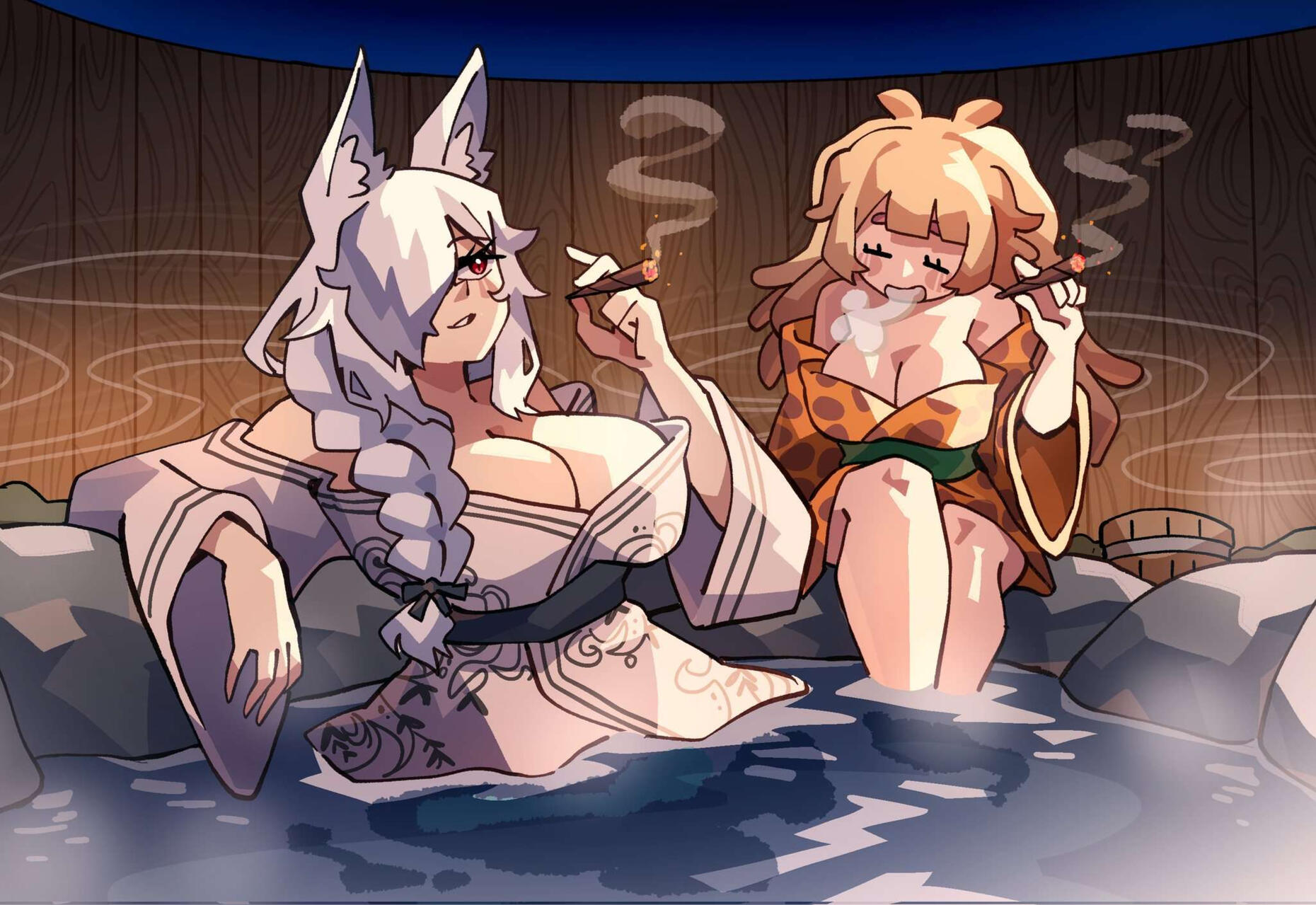 bananajuju, discordia (vtuber), indie virtual youtuber, artist request, highres, 2girls, animal ears, blonde hair, breasts, cleavage, closed eyes, dreadlocks, fox ears, fox girl, grey hair, hair over one eye, huge breasts, japanese clothes, kimono, long hair, multiple girls, onsen, red eyes, smoking, virtual youtuber, white kimono