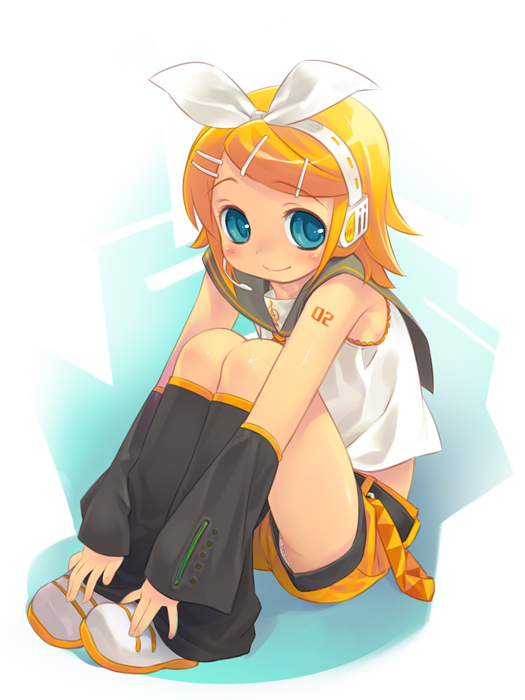 mizuki kotora, kagamine rin, vocaloid, bad id, bad pixiv id, blue eyes, cameltoe, hair ornament, hairclip, hugging own legs, knees to chest, orange hair, short hair, sitting, smile, solo