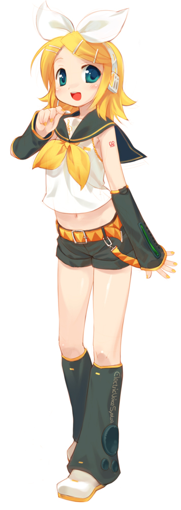 mizuki kotora, kagamine rin, vocaloid, bad id, bad pixiv id, blonde hair, blue eyes, detached sleeves, full body, headset, microphone, midriff, orange hair, school uniform, serafuku, shorts, simple background, standing, white background