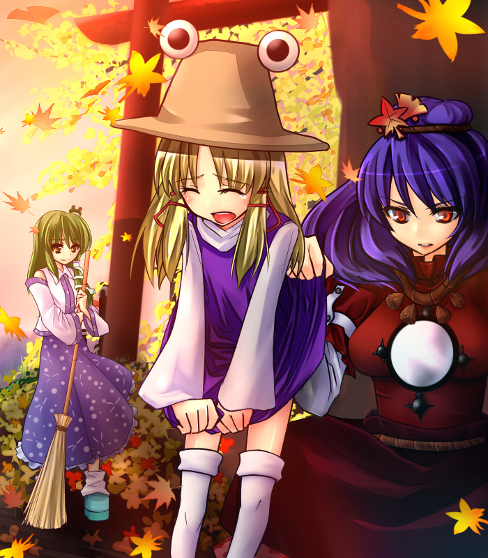 sushikuugo (suisen), kochiya sanae, moriya suwako, yasaka kanako, touhou, 3girls, clothes lift, female focus, hair ornament, hat, leaf hair ornament, multiple girls, skirt, skirt lift