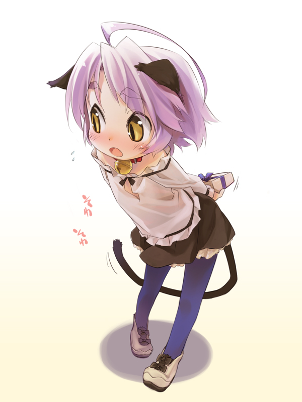 mizuki kotora, mao (mizuki kotora), original, bad id, bad pixiv id, 1girl, ahoge, animal ears, bell, blue pantyhose, blush, cat ears, cat girl, cat tail, collar, female focus, gift, gradient background, holding, holding gift, leaning forward, neck bell, pantyhose, pink hair, simple background, solo, standing, tail, thighhighs, white background, yellow background, yellow eyes