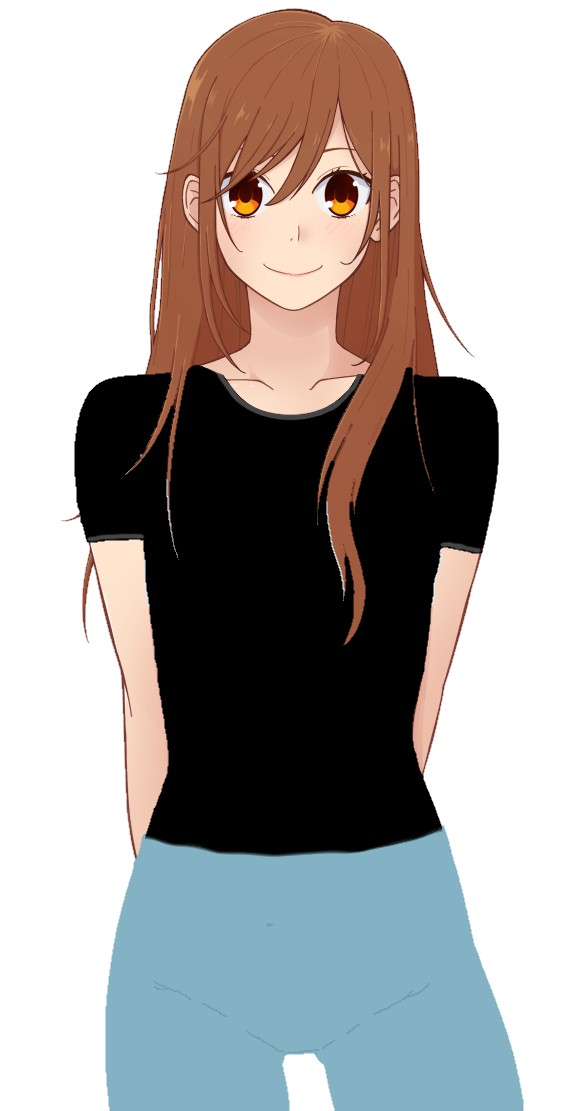hori kyouko, non-web source, black shirt, blue pants, breasts, brown eyes, brown hair, pants, shirt, small breasts, smile, standing