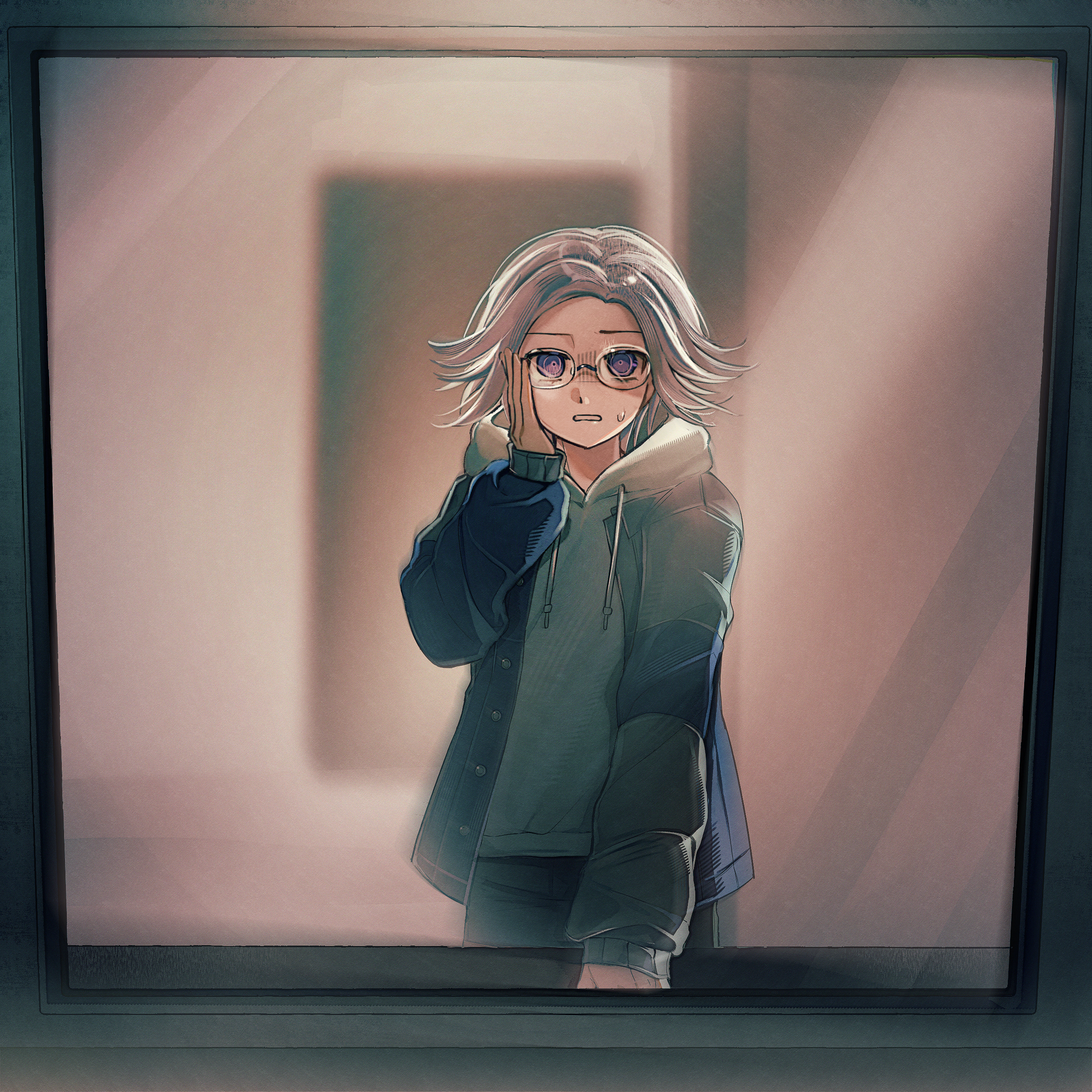 aotsuki eito, sumino takumi, the hundred line -last defense academy-, absurdres, highres, 1boy, black jacket, black pants, cosplay, glasses, grey hair, grey jacket, hand on table, hood, hoodie, indoors, jacket, jacket over hoodie, looking at viewer, male focus, mirror, multicolored jacket, pants, reflection, reflection focus, ringed eyes, short hair, solo, sumino takumi (cosplay), two-tone jacket, white hoodie, xinjinjumin228432894954
