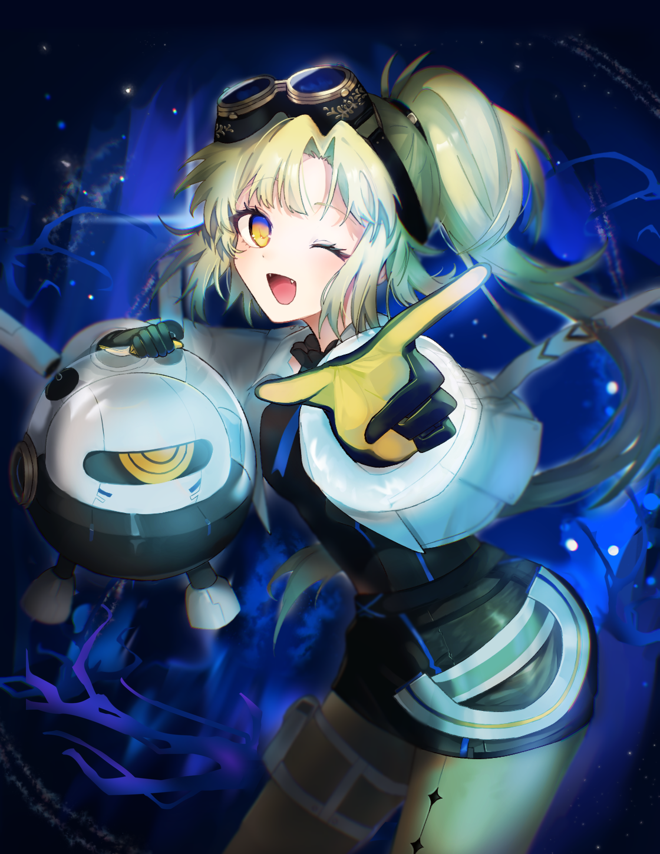 arcaea, absurdres, highres, 1girl, black gloves, black shirt, black skirt, black thighhighs, blonde hair, breasts, curtained hair, fangs, gloves, goggles, green hair, high ponytail, jacket, leather, leather skirt, medium breasts, medium hair, nonoka (arcaea), one eye closed, ponytail, see-through clothes, shirt, skirt, smile, solo, thigh strap, thighhighs, two-tone gloves, uranomeri, white jacket, white sleeves, yellow eyes, yellow gloves, yellow thighhighs
