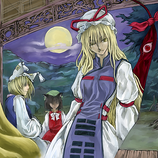 cervus, chen, yakumo ran, yakumo yukari, touhou, 3girls, animal ears, animal hat, blonde hair, brown hair, cat ears, cat girl, cat tail, female focus, fox tail, gap (touhou), hat, long hair, long sleeves, mob cap, moon, multiple girls, multiple tails, short hair, tail, tassel, wide sleeves