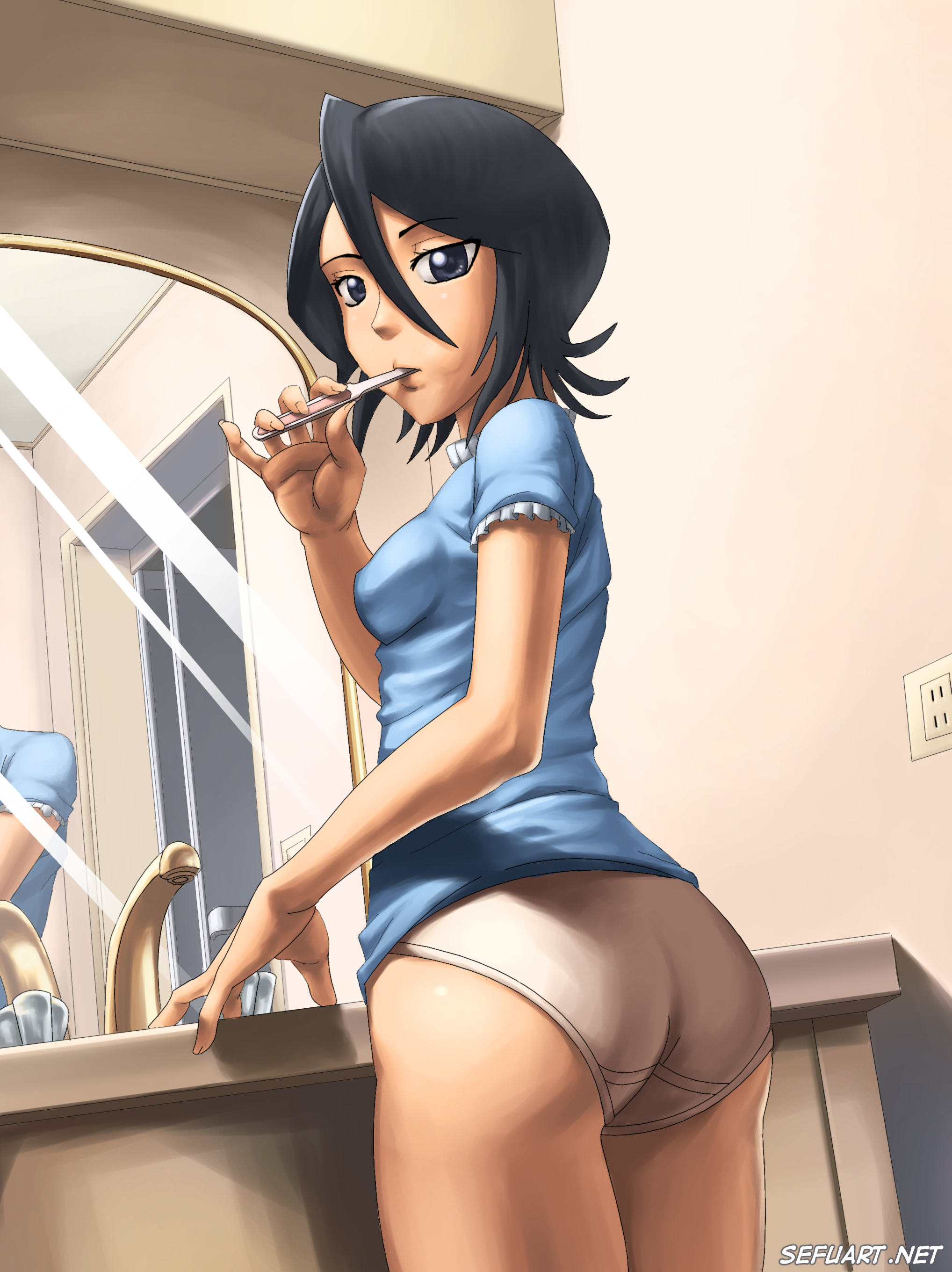 speh, kuchiki rukia, bleach, absurdres, highres, source request, 00s, 1girl, ass, bathroom, black hair, bottomless, breasts, female focus, indoors, mirror, no pants, panties, short hair, solo, standing, toothbrush, underwear, white panties