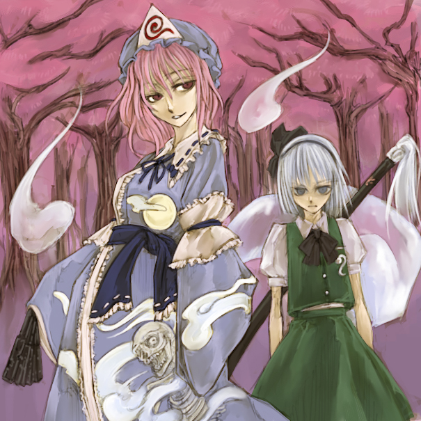 cervus, konpaku youmu, konpaku youmu (ghost), saigyouji yuyuko, touhou, silver hair, 2girls, blue eyes, female focus, hairband, hat, hitodama, katana, multiple girls, pink hair, red eyes, sword, weapon