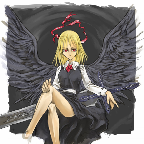 cervus, ex-rumia, rumia, embodiment of scarlet devil, touhou, 1girl, black wings, blonde hair, crossed legs, female focus, grey background, huge weapon, legs, red eyes, ribbon, sitting, solo, sword, weapon, wings