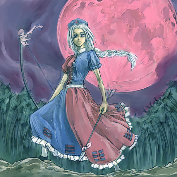 cervus, yagokoro eirin, touhou, 1girl, arrow (projectile), bow (weapon), braid, female focus, moon, red moon, solo, trigram, weapon