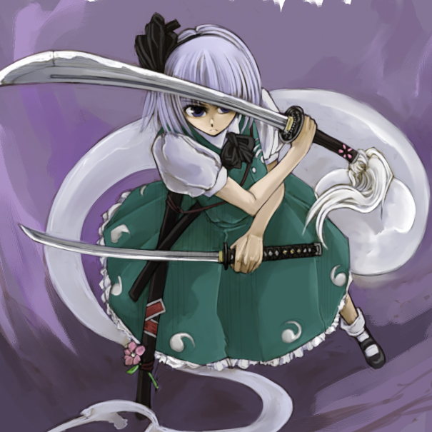 cervus, konpaku youmu, konpaku youmu (ghost), touhou, 1girl, ankle socks, dual wielding, female focus, hitodama, holding, katana, mary janes, shoes, skirt, socks, solo, sword, tanto, weapon