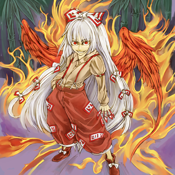cervus, fujiwara no mokou, touhou, 1girl, female focus, fiery wings, fire, hair ribbon, long hair, pants, red eyes, ribbon, solo, suspenders, white hair, wings