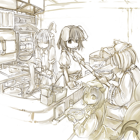 cervus, chen, inaba tewi, reisen udongein inaba, yakumo ran, touhou, lowres, 4girls, animal ears, animal hat, bar (place), bowl, brown theme, cat ears, cat girl, cat tail, chopsticks, closed eyes, dress, eating, female focus, food, hat, height difference, indoors, long hair, long sleeves, looking at viewer, mob cap, monochrome, multiple girls, multiple tails, nekomata, no socks, puffy short sleeves, puffy sleeves, rabbit ears, sandals, shelf, short hair, short sleeves, sitting, standing, tail, tassel, two tails, wide sleeves