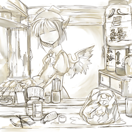 cervus, keroro, mystia lorelei, keroro gunsou, touhou, lowres, translated, 1girl, brown theme, cooking, crossover, female focus, food stand, frog, frozen, grill, monochrome, parody, solo