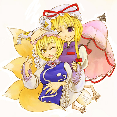 cervus, yakumo ran, yakumo yukari, touhou, lowres, 2girls, ;d, animal hat, blonde hair, blush, cheek-to-cheek, dress, female focus, hat, hat ribbon, heads together, hug, long hair, long sleeves, mob cap, multiple girls, one eye closed, open mouth, ribbon, short hair, simple background, smile, surprised, tabard, tassel, umbrella, upper body, white background, white dress, wide sleeves, wince, yuri