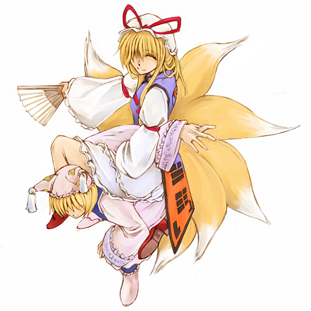 cervus, yakumo ran, yakumo yukari, touhou, 2girls, animal hat, blonde hair, dress, female focus, folding fan, full body, hand fan, hat, holding, long sleeves, looking at viewer, mob cap, multiple girls, shoes, short hair, simple background, tabard, tassel, white background, white dress, wide sleeves, wrestling
