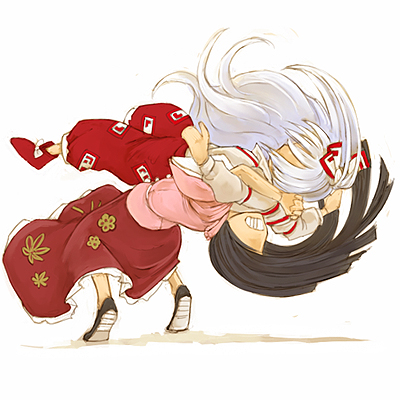 cervus, fujiwara no mokou, houraisan kaguya, touhou, lowres, 2girls, black hair, bow, dragon suplex, female focus, hair bow, long hair, multiple girls, pants, ponytail, rivalry, shirt, shoes, simple background, skirt, suplex, suspenders, very long hair, white background, white hair, wrestling