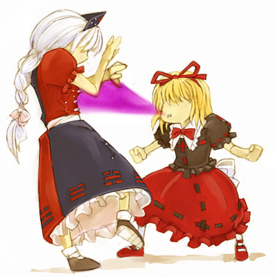 cervus, medicine melancholy, yagokoro eirin, touhou, lowres, 2girls, blonde hair, braid, dress, faceless, female focus, hair ribbon, hat, long hair, mist (wrestling), multiple girls, nurse cap, ribbon, shorts, single braid, trigram, white hair, wrestling
