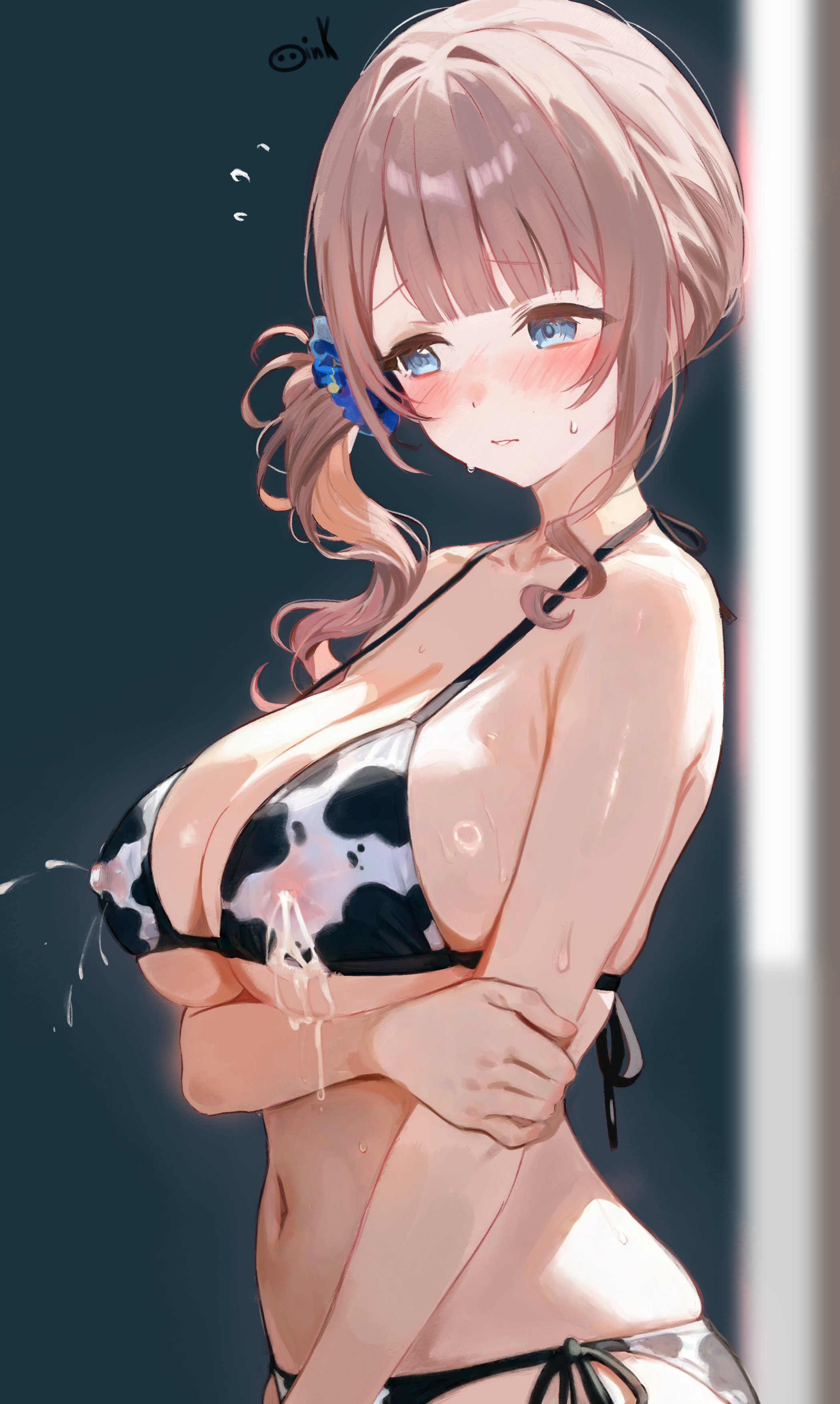 oink (oinkoinkoi), mochizuki honami, project sekai, absurdres, highres, 1girl, animal print, bikini, blue eyes, blush, breasts, brown hair, cleavage, cow print, cow print bikini, flying sweatdrops, hand on own arm, lactation, lactation through clothes, large breasts, long hair, navel, print bikini, side-tie bikini bottom, side ponytail, solo, sweatdrop, swimsuit