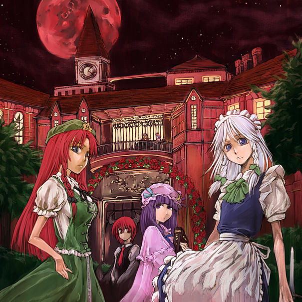 cervus, flandre scarlet, hong meiling, izayoi sakuya, koakuma, patchouli knowledge, remilia scarlet, embodiment of scarlet devil, touhou, 6+girls, female focus, moon, multiple girls, red moon, scarlet devil mansion