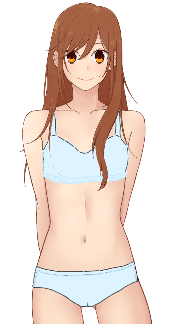 hori kyouko, non-web source, bra, breasts, brown eyes, brown hair, navel, panties, small breasts, smile, standing, underwear