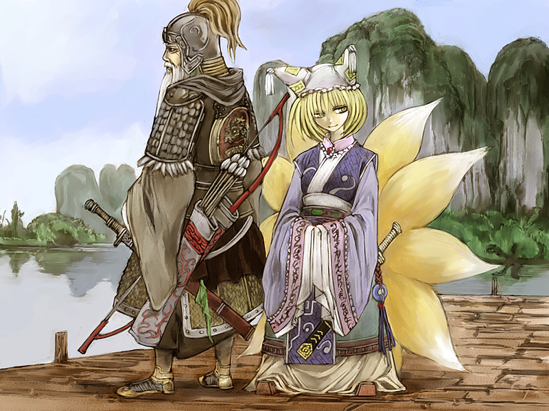 cervus, huang zhong, yakumo ran, touhou, 1boy, 1girl, adapted costume, armor, arrow (projectile), beard, blonde hair, bow (weapon), chinese armor, chinese clothes, dragon, facial hair, hanfu, hat, helmet, jian (weapon), jiaoling ruqun, mountain, old, old man, quiver, scale armor, sword, tail, weapon, wuxia