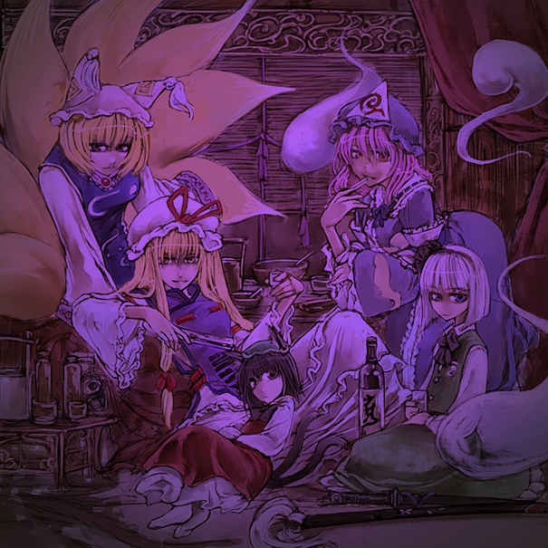 cervus, chen, konpaku youmu, konpaku youmu (ghost), saigyouji yuyuko, yakumo ran, yakumo yukari, touhou, silver hair, 5girls, animal ears, animal hat, blonde hair, blue eyes, brown hair, cat ears, cat girl, cat tail, dark, earrings, female focus, floating, fox tail, ghost, hair ribbon, hairband, hat, hitodama, japanese clothes, jewelry, katana, kimono, long hair, long sleeves, looking at viewer, mob cap, multiple girls, multiple tails, pink hair, red eyes, ribbon, seiza, short hair, sitting, socks, sword, tail, tassel, triangular headpiece, weapon, wide sleeves, yellow eyes