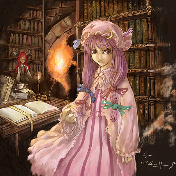 cervus, koakuma, patchouli knowledge, embodiment of scarlet devil, touhou, 2girls, book, bookshelf, bow, female focus, head wings, library, multiple girls, pink bow, voile, wings