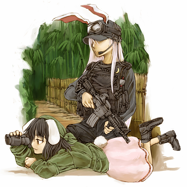 cervus, inaba tewi, reisen udongein inaba, touhou, 2girls, animal ears, assault rifle, binoculars, female focus, gun, holding, holding gun, holding weapon, m4 carbine, military, multiple girls, rabbit ears, rifle, trigger discipline, weapon