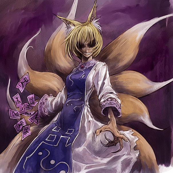 cervus, yakumo ran, touhou, 1girl, animal ears, blonde hair, claws, creepy, dark, female focus, grin, multiple tails, no headwear, smile, solo, surcoat, tail, you gonna get raped