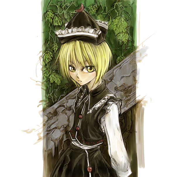 cervus, lunasa prismriver, touhou, eyebrows, 1girl, black dress, blonde hair, bridge, dress, expressionless, female focus, hat, long sleeves, looking at viewer, outdoors, railing, short hair, solo, tareme, tate eboshi, upper body, yellow eyes