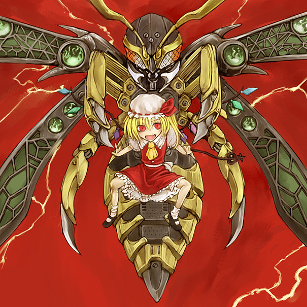 cervus, flandre scarlet, hibachi (dodonpachi), dodonpachi, touhou, 1girl, blonde hair, bonnet, crossover, dress, female focus, frills, hat, mecha, mob cap, red eyes, robot, socks, solo, spread legs