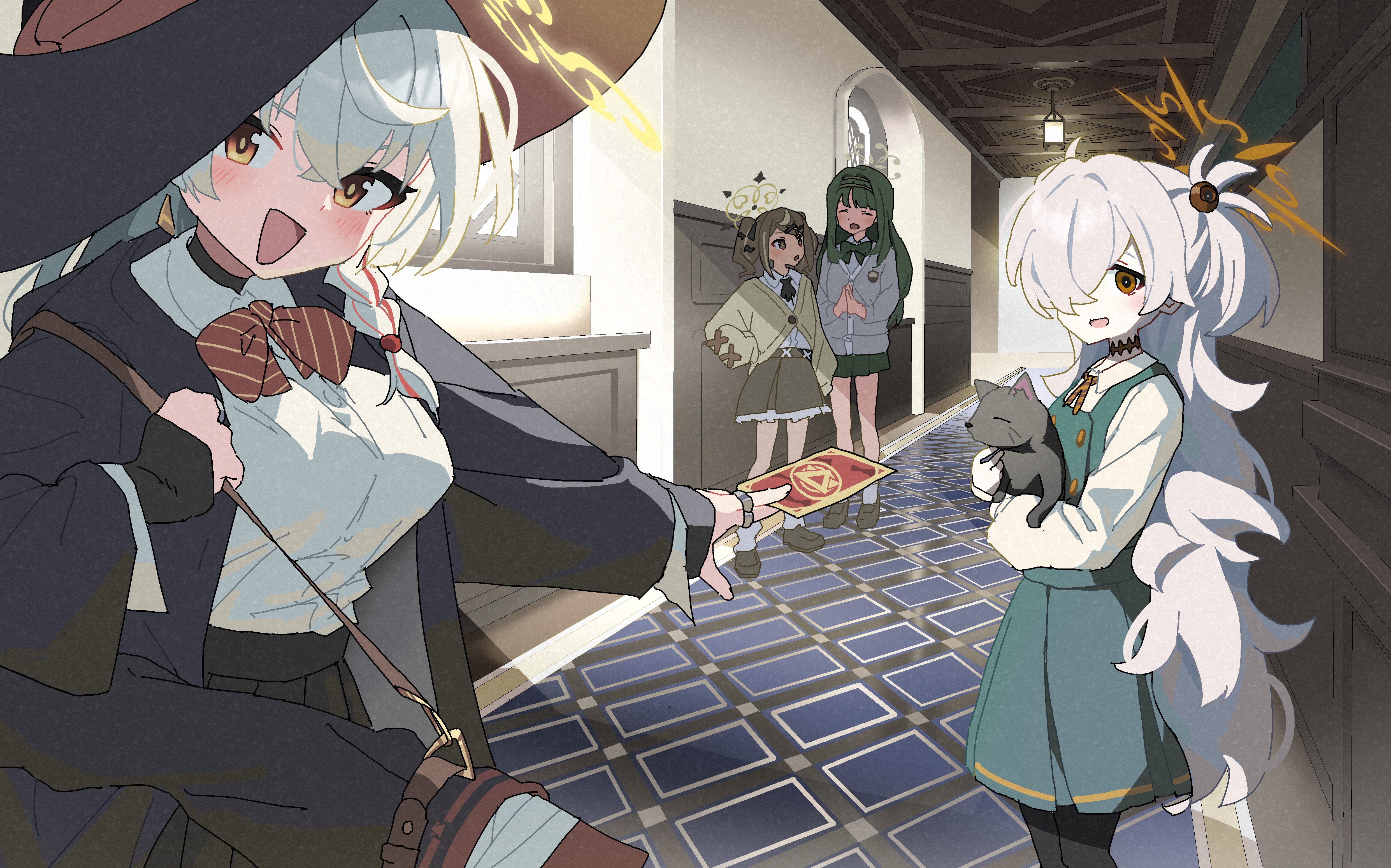 fuyubone, eri (blue archive), kanoe (blue archive), rena (blue archive), tsumugi (blue archive), blue archive, absurdres, commentary request, highres, 4girls, animal, black pantyhose, black skirt, blush, braid, breasts, brown hair, cardigan, cat, closed eyes, collared shirt, dress, green hair, grey cardigan, grey hair, hair between eyes, hair over one eye, hairband, halo, hand on own hip, hat, holding, holding animal, holding cat, indoors, long hair, long sleeves, looking at viewer, multiple girls, open mouth, pantyhose, pinafore dress, shirt, side braid, skirt, sleeveless, sleeveless dress, very long hair, white shirt, witch hat