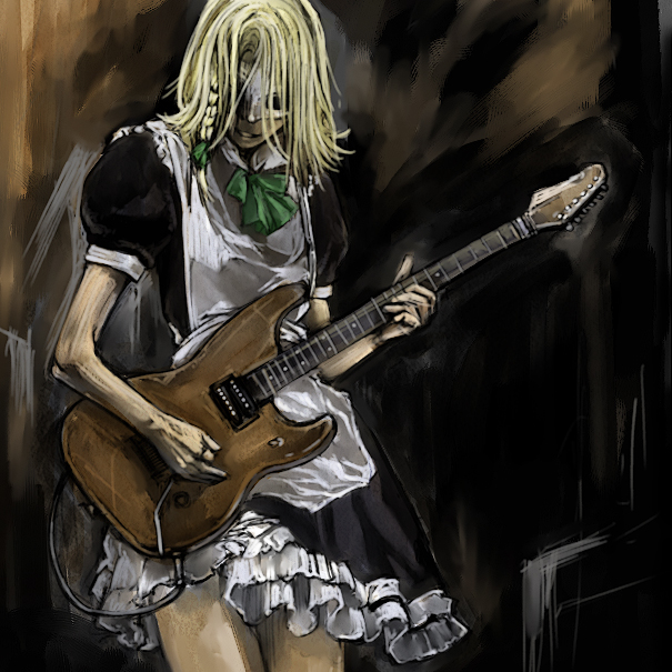 cervus, izayoi sakuya, kirisame marisa, shuuzou, sekken-ya, touhou, 1girl, cosplay, crossdressing, crossdressing (ftm), crossdressing (mtf), female focus, guitar, instrument, izayoi sakuya (cosplay), maid, male focus, mask, parody, solo