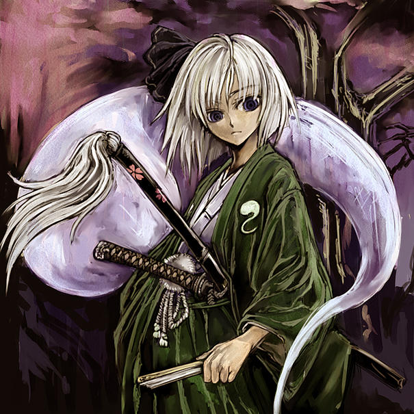 cervus, konpaku youmu, konpaku youmu (ghost), touhou, 1girl, female focus, folding fan, hand fan, hitodama, japanese clothes, katana, kimono, sheath, sheathed, solo, sword, weapon