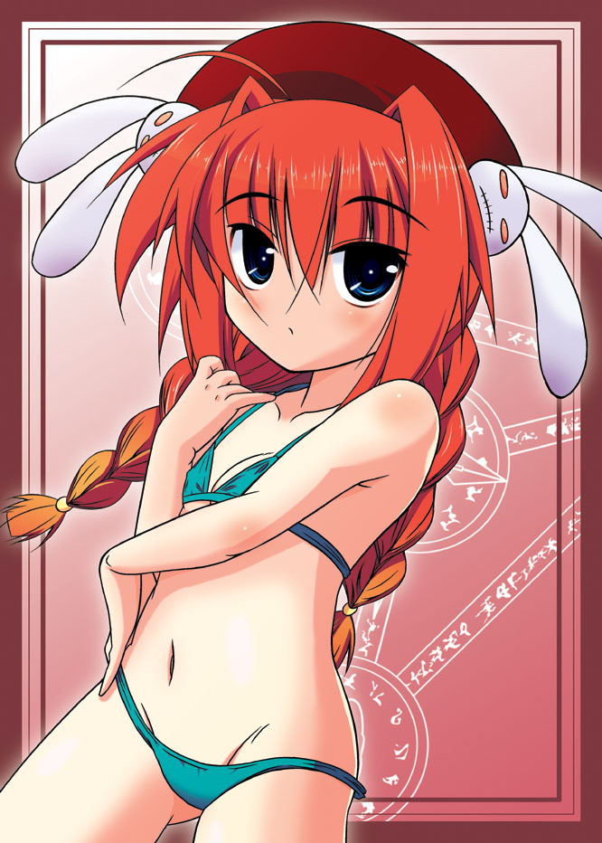 minazuki maya, vita (nanoha), lyrical nanoha, mahou shoujo lyrical nanoha, mahou shoujo lyrical nanoha a's, 00s, bikini, blue eyes, braid, hat, red hair, solo, swimsuit, twin braids