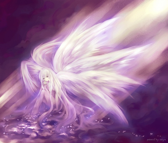 yukise miyu, original, 1girl, brown eyes, female focus, long hair, multiple wings, nude, solo, very long hair, white hair, wings