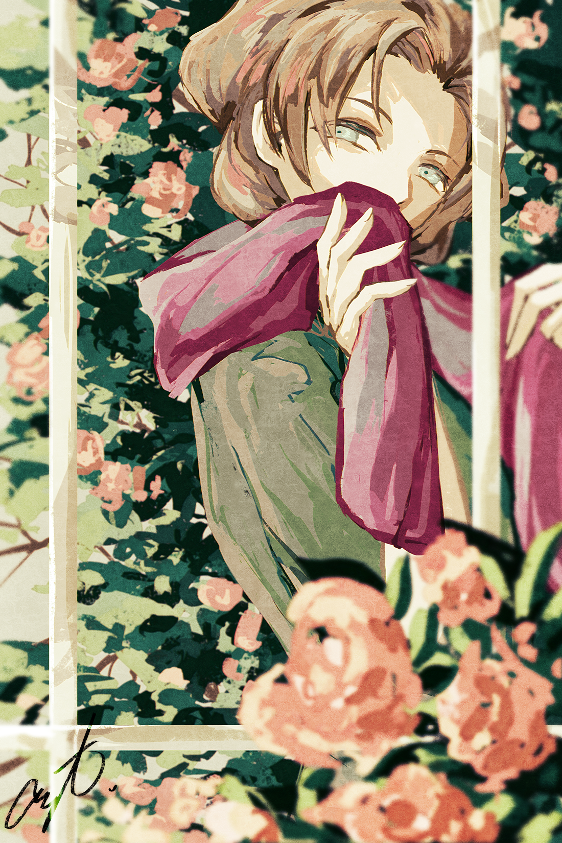 burgh (pokemon), nintendo, pokemon, pokemon bw, highres, 1boy, flower, green shirt, grey eyes, looking at viewer, male focus, outdoors, pink flower, pink scarf, scarf, scarf over mouth, shiratama14, shirt, short hair, signature, solo