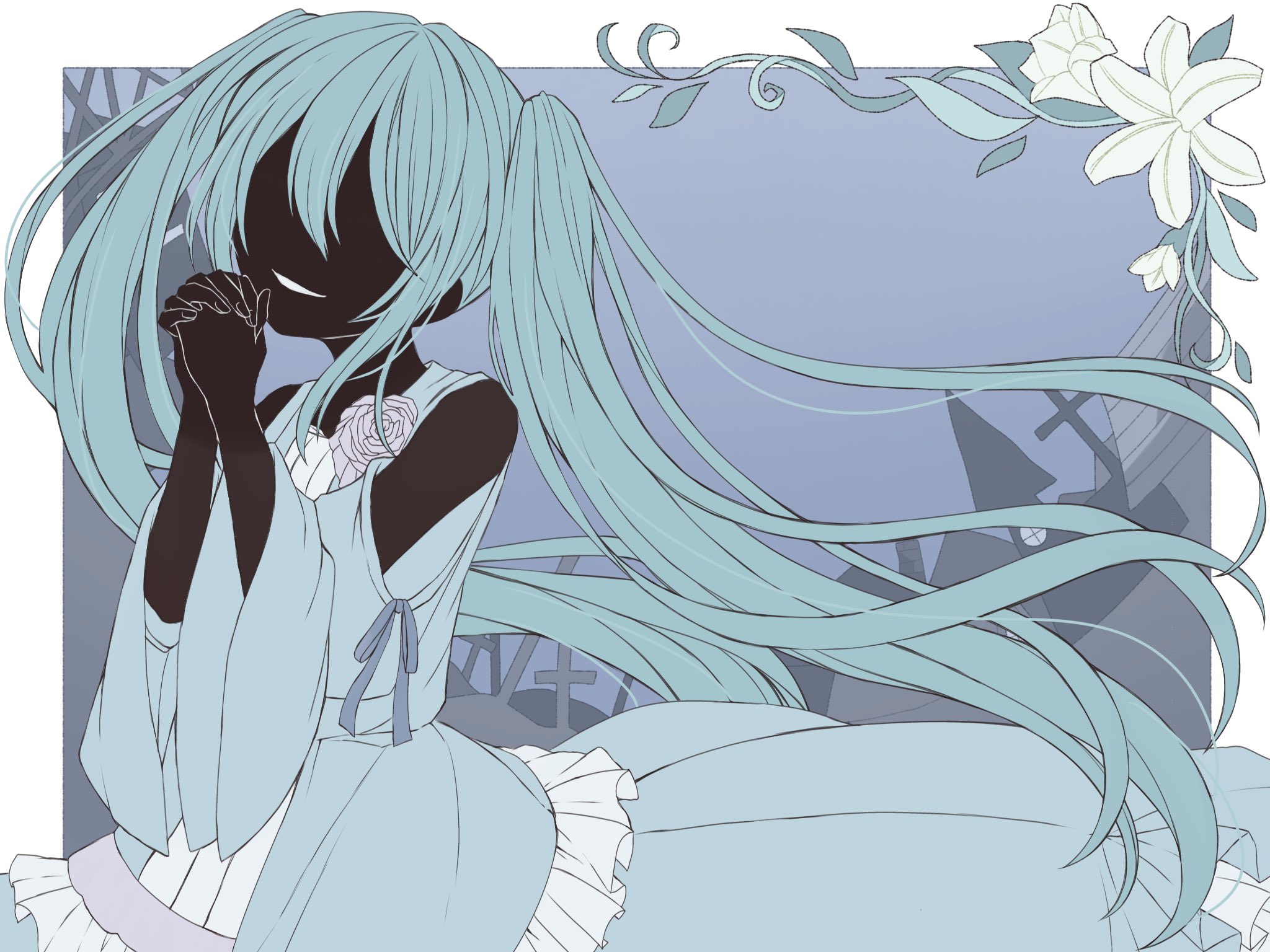 chii1113, hatsune miku, margarita blankenheim, evillious nendaiki, nemurase hime kara no okurimono (vocaloid), vocaloid, highres, aqua hair, baggy clothes, bare shoulders, blue dress, building, clothing cutout, colored eyelashes, cross, dress, dress flower, dress ribbon, evil smile, false smile, fisheye, flower, frilled dress, frills, hair between eyes, half-closed eyes, lily (flower), long hair, looking at viewer, own hands clasped, own hands together, rose, shoulder cutout, signature, silhouette, smile, twintails, very long hair, white flower, white rose, wide sleeves